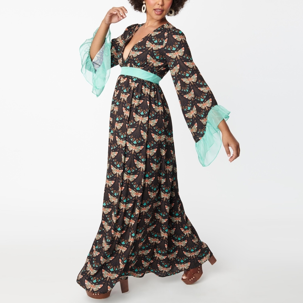 Unique Vintage 1970’s style mint gypsy moth maxi dress 2X goth art nouveau boho